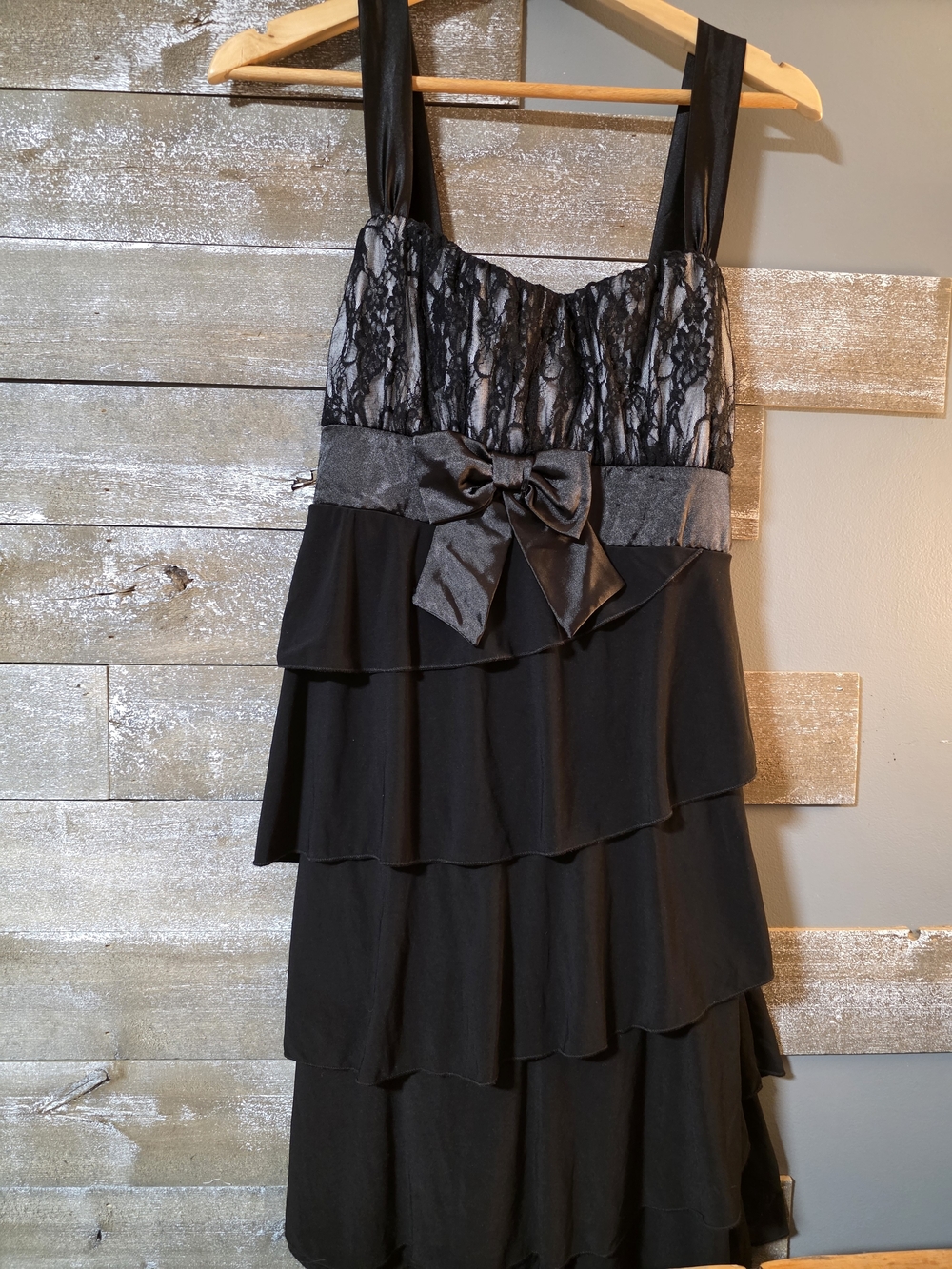 Deb Black Lace-Overlay Tiered Midi Dress with Satin Bow